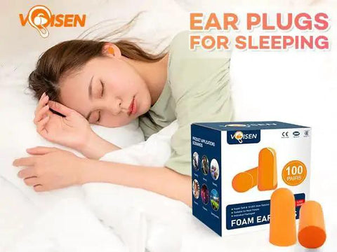 Woman sleeping with Soft Foam Sleep Ear Plugs 100 Pairs With 32dB NRR And 37dB SNR for snoring reduction next to packaging.