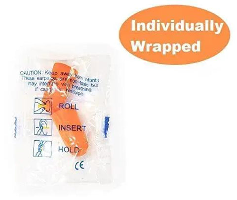 Individually wrapped foam earplug in packaging, labeled with instructions, part of Foam Earplugs 200 Pair Pack For Noise Reduction 32 dB NRR