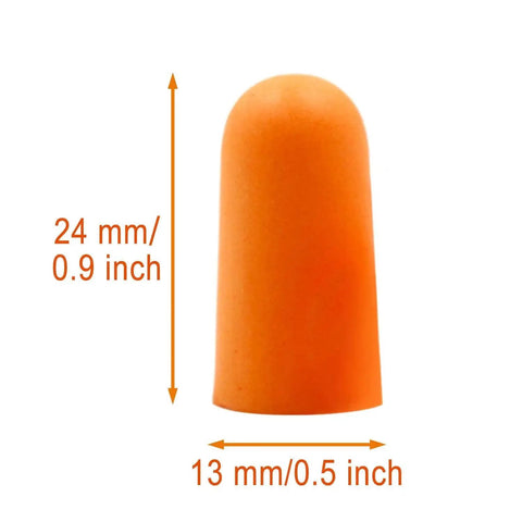 Side view of a single orange earplug from the Foam Earplugs 200 Pair Pack For Noise Reduction 32 dB NRR Soft Comfortable Self Adjusting Ear Plugs.