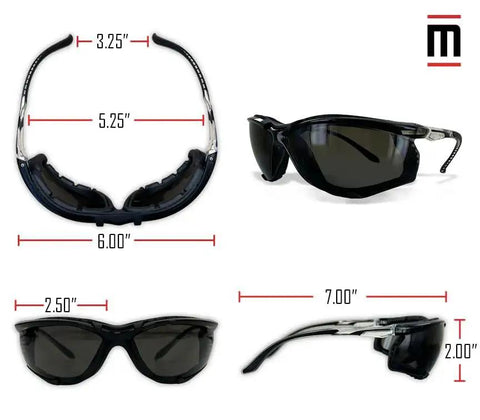 Foam Lined Debris Blocking Safety Glasses With Anti Fog UV Protection ANSI Z87.1 showing various angles and measurements.