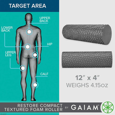 Compact Textured Foam Roller For Muscle Recovery And Massage, 12 Inch Length, 4 Inch Diameter, targets upper back and legs