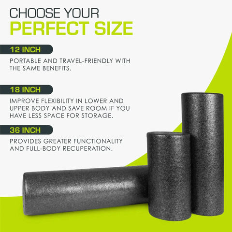 High Density Foam Roller 12 Inch Long Firm Full Body Massage Tool For Back Stretching Yoga Pilates Post Workout Muscle Recovery Black, displayed in three sizes for flexibility and portability.
