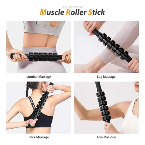Demonstration of using 5 In 1 Deep Tissue Massage Set With Foam Roller, Trigger Point Roller Stick, Massage Ball, Resistance Band And Yoga Stretch Band for back, leg, lumbar, and arm massage