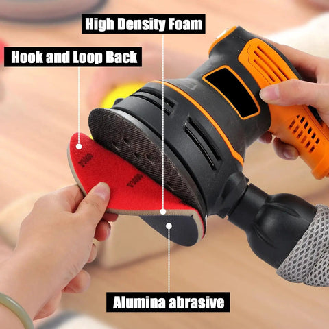 Five Inch Foam Sanding Pad Set 18 Pcs 180 3000 Grit For Wet Dry Orbital Sander being attached to an orbital sander with a hand