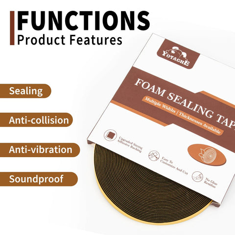 Yotache foam sealing tape roll on white packaging with brown label; 33 ft length, anti-vibration and soundproof features