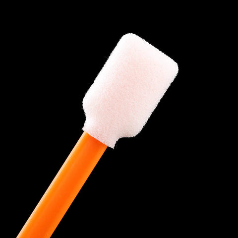 Close-up of Large Rectangular Foam Cleaning Swab Stick with orange handle and white tip for electronics and printer cleaning.