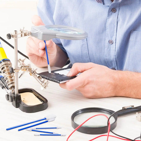 Person using Five Type Foam Tip Cleaning Swabs Kit Pro Grade For Delicate Surfaces And Cleanroom Use on electronics