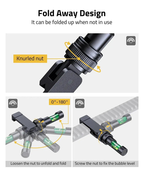 Fold Away Scope Leveling Kit For Precision Alignment And Pro Grade Rapid Field Adjustments With A Picatinny Anti Cant Bubble Level Foldable Design Lets You Deploy Or Tuck Away Easily Quick Nut In Out Lock Compatible With Most Rifles CVLIFE showing foldable design with 180-degree rotation and knurled nut details.