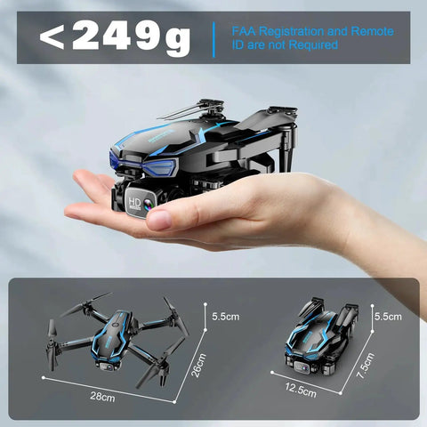 2K HD FPV Drone With Adjustable Angle Camera Real Time Wi Fi FPV Transmission Altitude Hold One Key Takeoff Landing Three Speed Modes Headless Mode Foldable Portable Design Includes Two Batteries Ideal Gift For Beginners Teens displayed on hand, compact size, under 249g, foldable for portability.