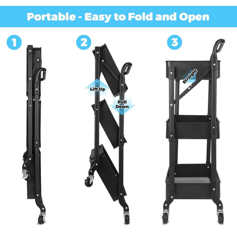 Foldable 3 Tier Metal Utility Rolling Cart With Locking Folding Design For Easy Storage And Mobility Black setup stages