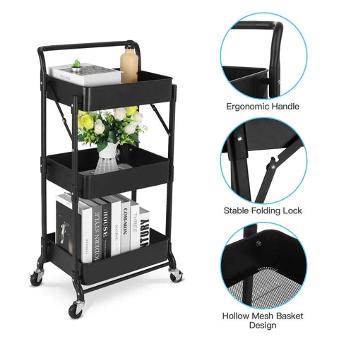 Foldable 3 Tier Metal Utility Rolling Cart With Locking Folding Design For Easy Storage And Mobility The Workhorse Trolley Organizer For Home Office Library Black