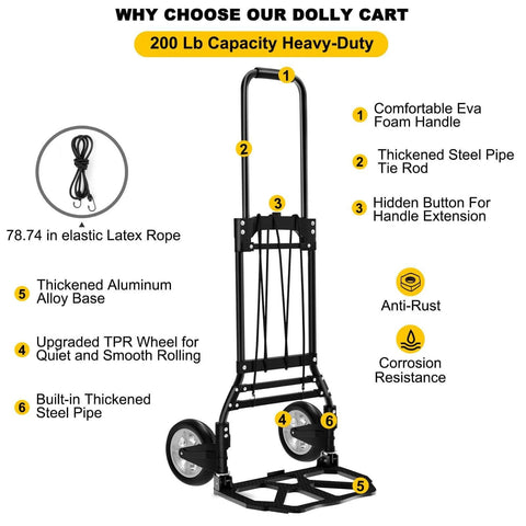 J Folding Hand Truck and Dolly, 200 LB Capacity Upgraded Aluminum Dolly Cart with foam handle, detailed features highlighted