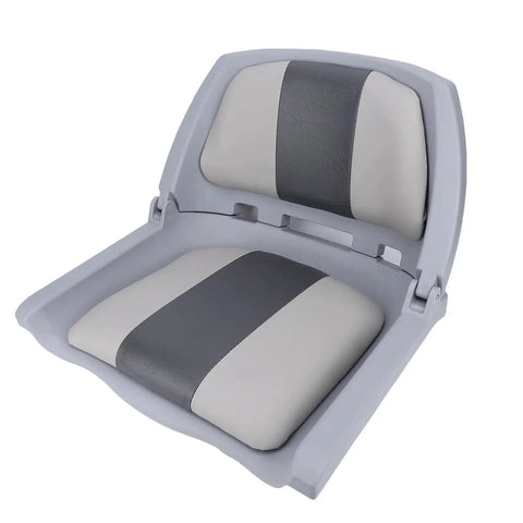 UPALDHOU foldable boat seat, front view, with beige and dark gray PVC leather cushions on a light gray PP frame