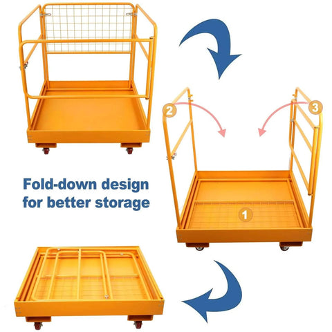 Image showing a fold-down Forklift Safety Cage 36x36 Inch Platform With 1200 Lb Capacity Four Wheel Aerial Lift Basket Rails for easy storage.
