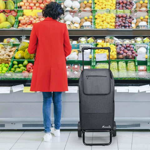 Person with 2 in 1 Shopping Carts for Groceries, 330 lbs Grocery Cart, Foldable Utility Cart with Wheels in front of fruit display