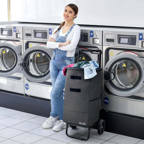 Person with 2 in 1 Shopping Carts for Groceries, 330 lbs Grocery Cart on Wheels, Foldable Utility Carts with Tote Bag in laundry room