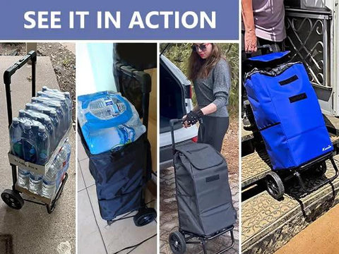 ✝️ 2 in 1 Shopping Carts for Groceries, 330 lbs Grocery Cart on Wheels in action with blue and black tote bags