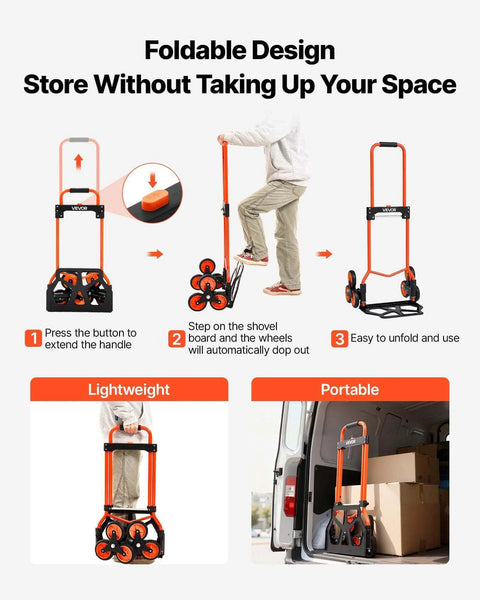Stair Climbing Cart 260 LBS portable folding aluminum trolley dolly with telescoping handle and 6 mute wheels, showing foldable design.