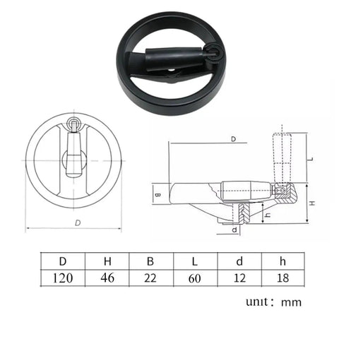 Diagram of Foldable Aluminum Alloy And Bakelite Handwheel With Rotating Handle For Metal Lathe 4.92 Inch Diameter with measurements.