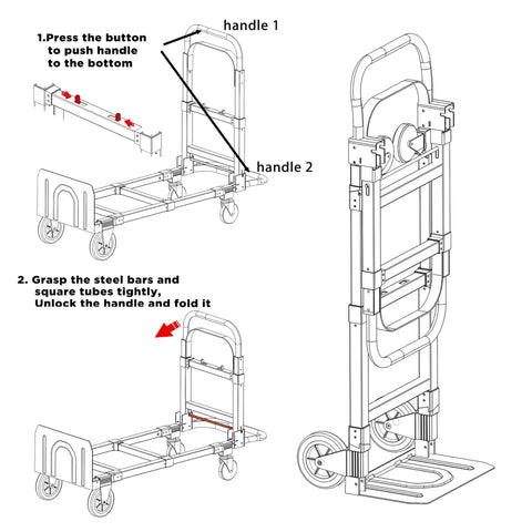 Diagram of 3 In 1 Collapsible Heavy Duty Hand Truck Dolly Cart With Wheels And Straps Folding Two Or Four Wheel Convertible Carrier Portable Adjustable Load Cart For Boxes Cartons And Shopping Handles Up To 500 Lbs in compact and extended positions.
