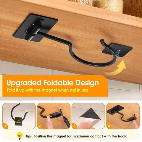 Close-up of an upgraded black magnetic foldable hook under a shelf with instructions for positioning the magnet for maximum contact.