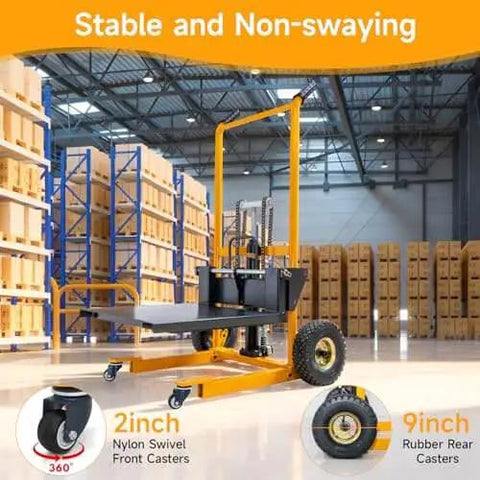 Foldable Hydraulic Material Lift Winch Stacker 450 Lbs Capacity with 35.8 Inch Max Lift and 9 Inch Wheels in a warehouse setting