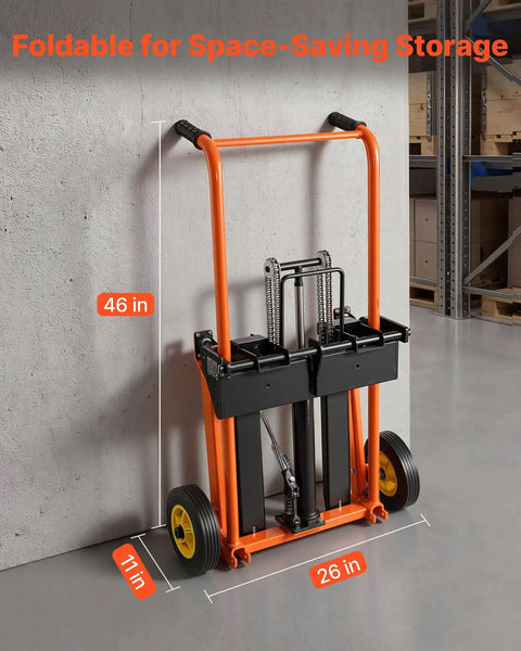 Hydraulic Material Lift Winch Stacker With 450 Lb Capacity And 35.4 Inch Lift Height, Foldable Portable Pallet Jack in storage position.