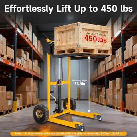 Foldable Hydraulic Material Lift Winch Stacker 450 Lbs Capacity lifting a crate in a warehouse with 35.8 Inch Max Lift