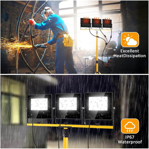 Ultra Bright 36000 Lumen LED Work Light With 3 Foldable Heads On A Sturdy Stand 16 Ft Cord IP67 Waterproof Tripod in use