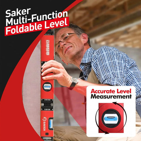 Man using Saker Multi Function Foldable Level Tool 28 Inch With Folding Design For Precise Leveling, woodworking project setting.