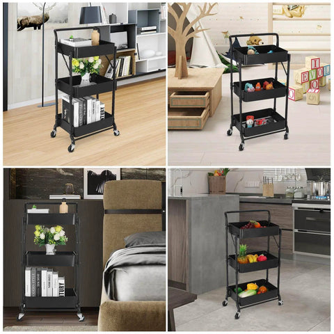 Foldable 3 Tier Metal Utility Rolling Cart With Locking Folding Design For Easy Storage And Mobility The Workhorse Trolley Organizer For Home Office Library Black