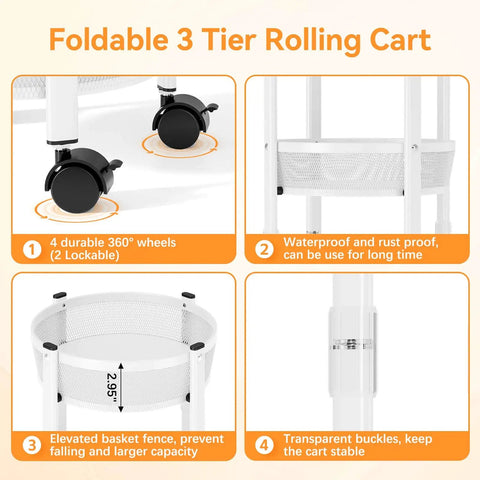 Features of foldable three tier rolling cart with wheels, showing 360° wheels, mesh baskets, and waterproof, rust-proof design.