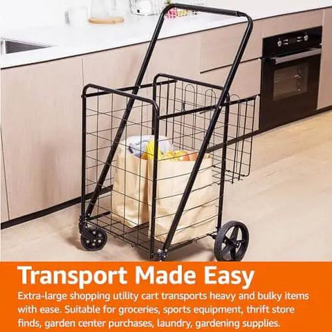 Foldable Collapsible Shopping Cart With 360 Degree Wheels To Haul Groceries And More, Extra Large Capacity, Dual Basket Design, Built Tough Metal Frame, Easy Assembly, Black in kitchen setting