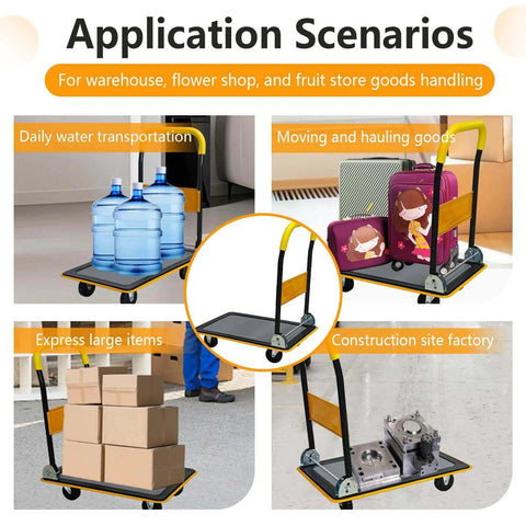 Foldable Push Cart Platform Cart 330lbs Capacity for moving water bottles, luggage, boxes, and machinery. Heavy Duty Steel, 360 Degree Swivel Wheels.