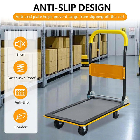 Anti-slip design on yellow 330lb foldable push cart platform with wheels, shown in a warehouse setting.