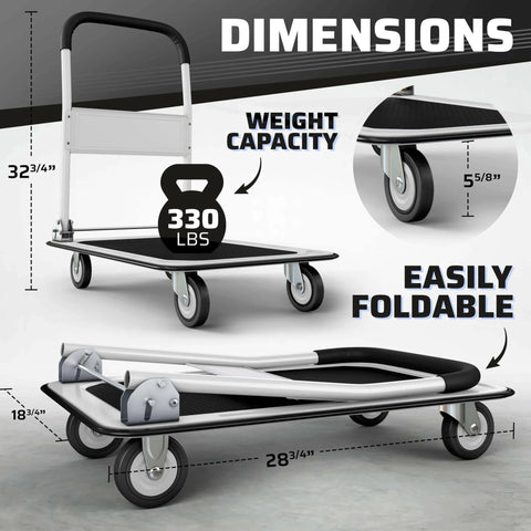 Heavy Duty Foldable Push Cart Dolly | 330 lbs. Capacity | Upgraded Collapsible Hand Truck Folding Platform with Swivel Wheels shown folded and open