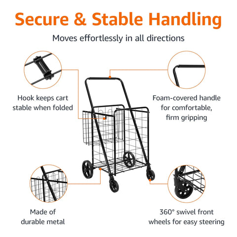Foldable Collapsible Shopping Cart With 360 Degree Wheels To Haul Groceries And More, Extra Large Capacity, Dual Basket Design