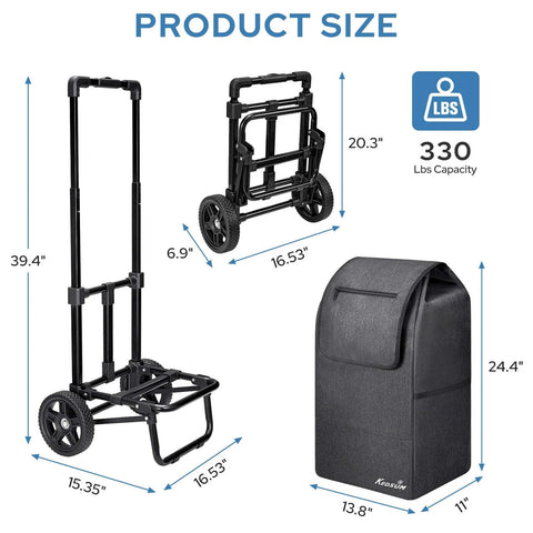 Product size dimensions and features of ✝️ 2 in 1 Shopping Carts for Groceries, 330 lbs Grocery Cart on Wheels, Foldable Utility Cart, Black.