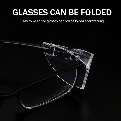 Close-up of clear side shields on glasses, showing folding capability, for Two Pairs Side Shields For Glasses Slip On Eye Protection Fits Most Eyewear.