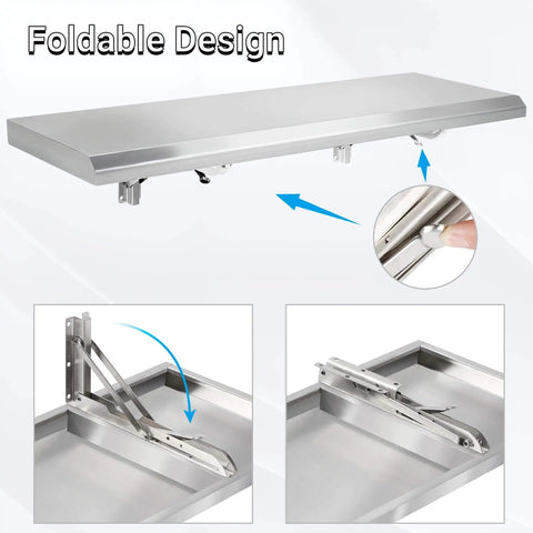 Foldable Concession Shelf for Snack Bars and Carts, 36 by 12 Inches, Stainless Steel, Drop Down Design with wall mount brackets