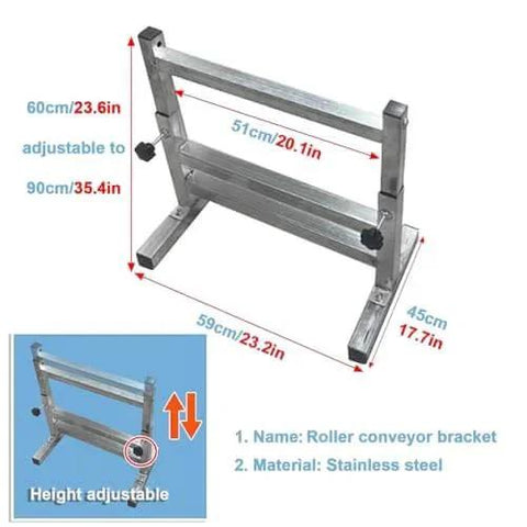 Commercial Foldable Conveyor Rollers Belt System, 20 Inch Wide Stainless Steel Conveyor Rail bracket, adjustable height