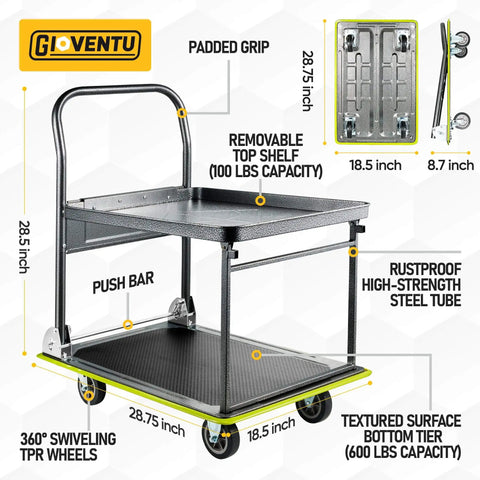 Heavy Duty Push Cart Dolly With 700 Pound Capacity Foldable Steel Two Tier Platform Hand Truck For Moving Heavy Loads
