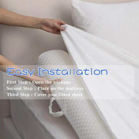 Image of a Foldable Toddler Bed Rail With Safe Bumper And Flap Non Slip Machine Washable Cover being installed on a twin bed
