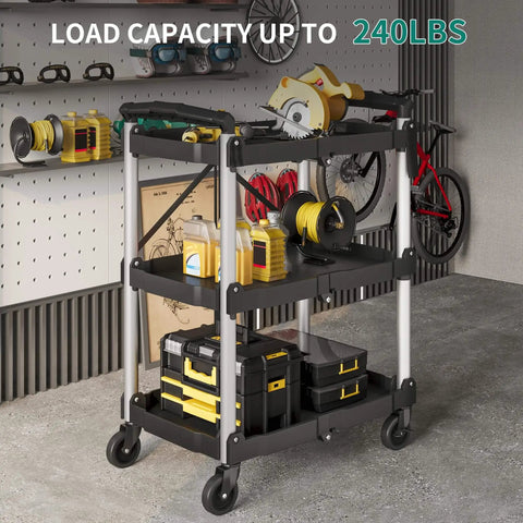 Foldable Utility Cart On Wheels For Home Garage Office Or Restaurant With 3 Tier And 360 Degree Swivel Wheels Brakes On Two No Assembly Required 240 LBS Capacity Collapsible Rolling Cart By YITAHOME shown in a garage with tools.