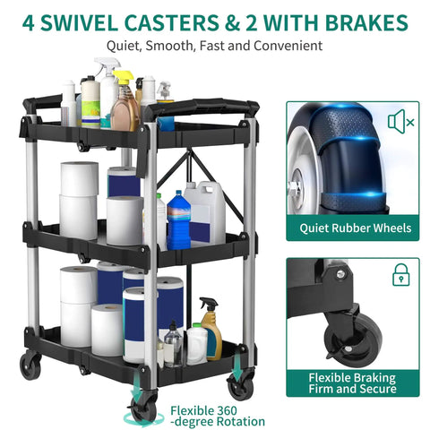 Foldable Utility Cart On Wheels For Home Garage Office Or Restaurant With 3 Tier And 360 Degree Swivel Wheels Brakes On Two No Assembly Required 240 LBS Capacity Collapsible Rolling Cart By YITAHOME loaded with supplies