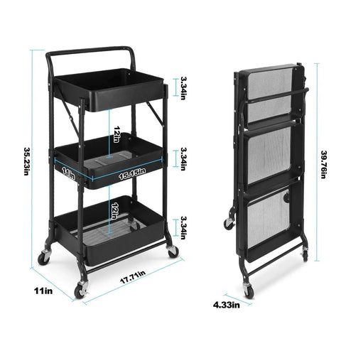 Foldable 3 Tier Metal Utility Rolling Cart With Locking Folding Design For Easy Storage And Mobility The Workhorse Trolley Organizer For Home Office Library Black, shown open and folded with dimensions.