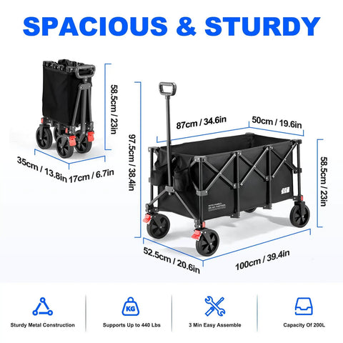 Large 200L Collapsible Wagon Cart With 440 Pounds Weight Capacity And Built In Brake For Camping Garden Sports And Shopping Foldable Utility Wagon 34.6 By 19.6 By 23 Inches Lightweight At Only 16.5 Pounds Black, showing dimensions and folding mechanism.
