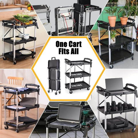 Portable Folding Service Cart With Three Tiers 330 Lb Capacity Workhorse Rolling Utility Cart On Wheels in various uses