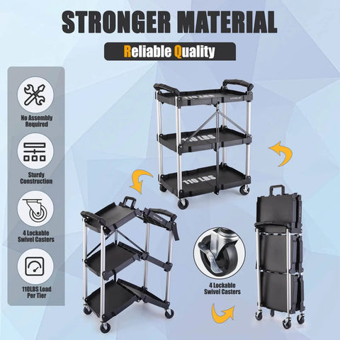 Portable Folding Service Cart With Three Tiers 330 Lb Capacity Workhorse Rolling Utility Cart On Wheels displayed in folded and open positions