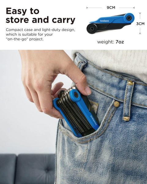 Folding Allen Wrench Set 14 Piece With Metric And SAE Sizes 2mm To 6mm And 5/64 Inch To 1/4 Inch being placed in a jean pocket